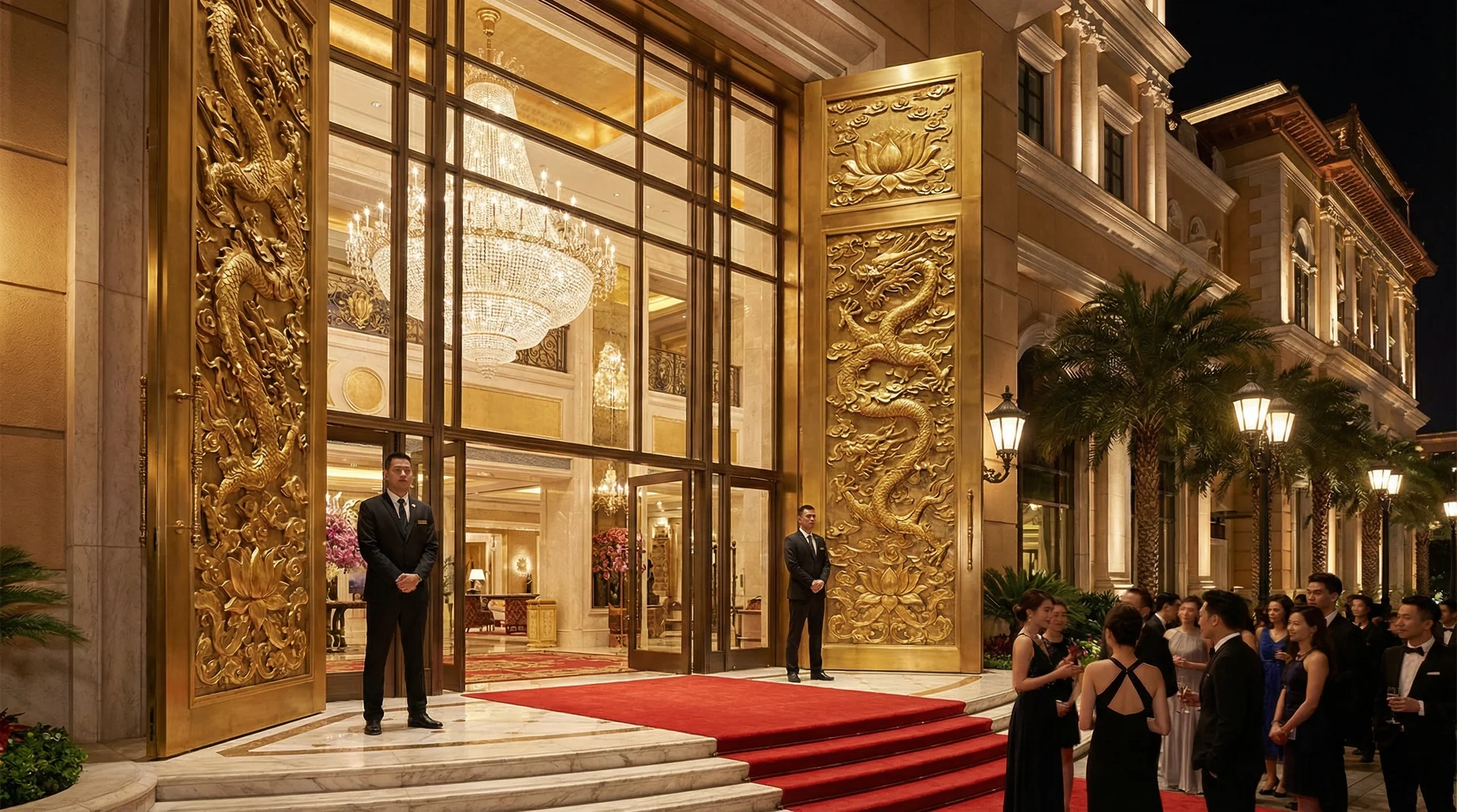 澳门豪华赌场入口金色龙雕大门和红毯迎宾